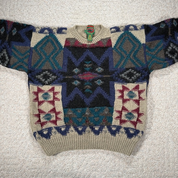 Vintage 80s Boston Traders Wool Sweater Hong Kong Geometric L - Picture 2 of 7